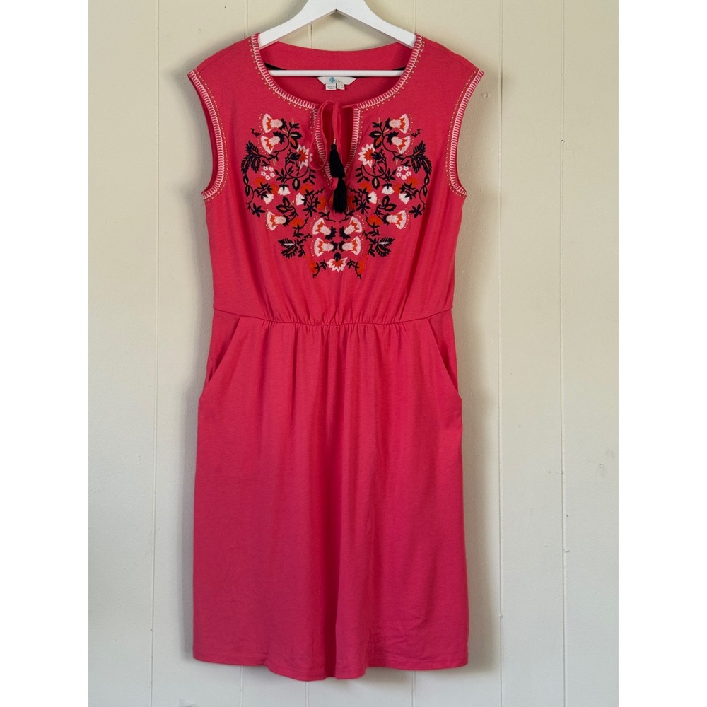 Boden Womens Boho Floral Embroidered Tassel Jersey Dress Size 6 Preppy  Beachy